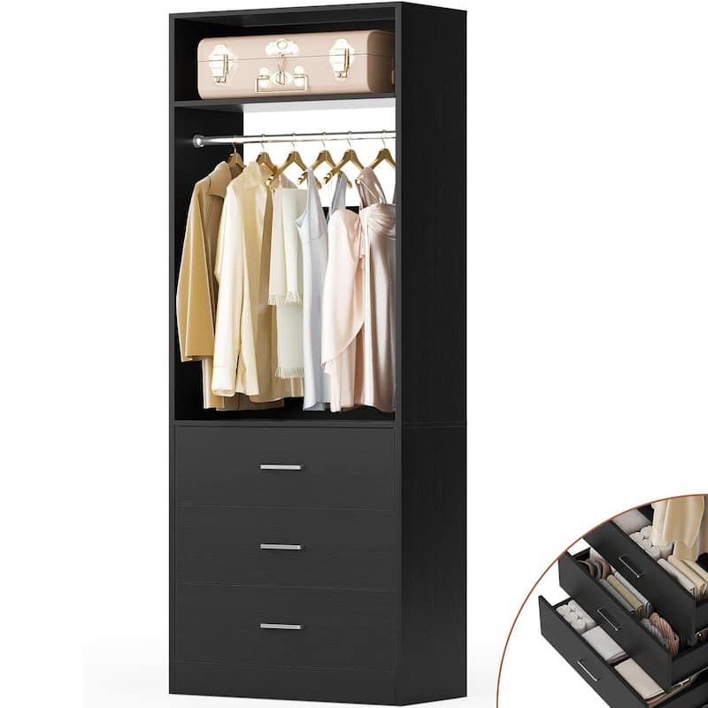 Kyrvo 24" Freestanding Closet Organizer System with Hanging Rod & Shelves,Heavy Duty Closet System with 3 Wood Drawers - Black