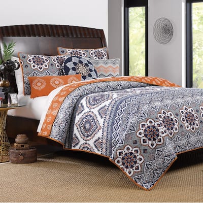 Thelon 5 Piece Queen Size Fabric Quilt Set with Damask Prints, Gray and Orange