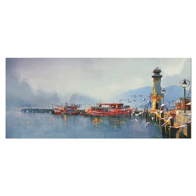 Designart 'Fishing Boats in Harbor' Landscape Metal Wall Art