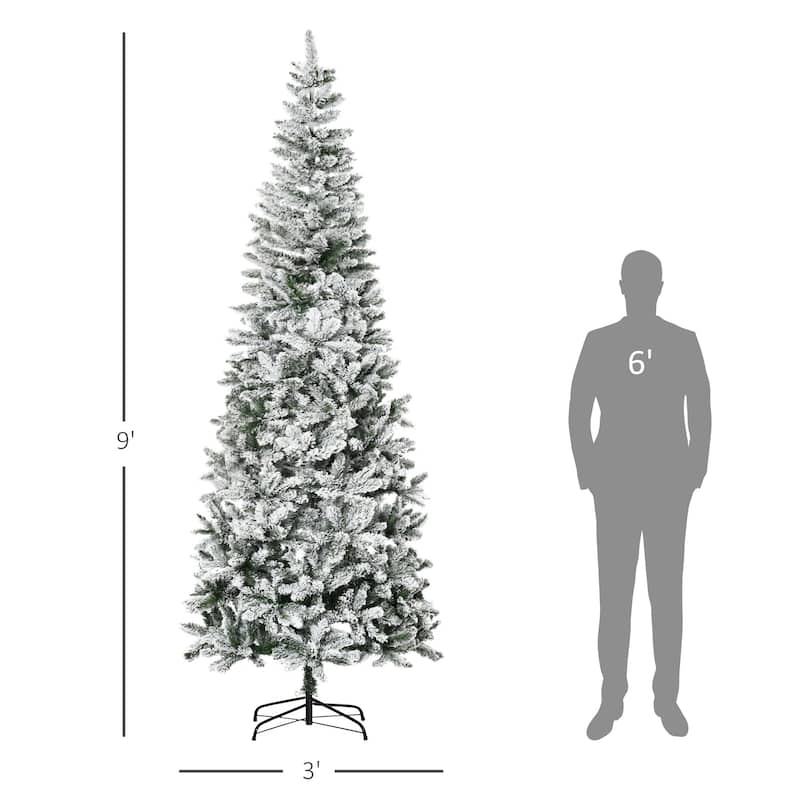 9ft Tall Unlit Snow-Flocked Slim Pine Artificial Tree, 1084 Tips & Automatic Open Design