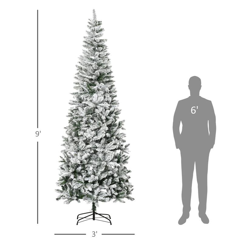 Realistic 9ft Snow-Flocked Slim Pine Christmas Tree with Automatic Open and Sturdy Steel Base, Xmas Tree for Home Holiday Decor
