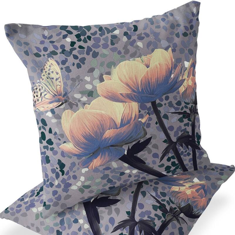 HomeRoots Set of Two 16" X 16" Gray and Yellow Butterfly Blown Seam Floral Indoor Outdoor Throw Pillow