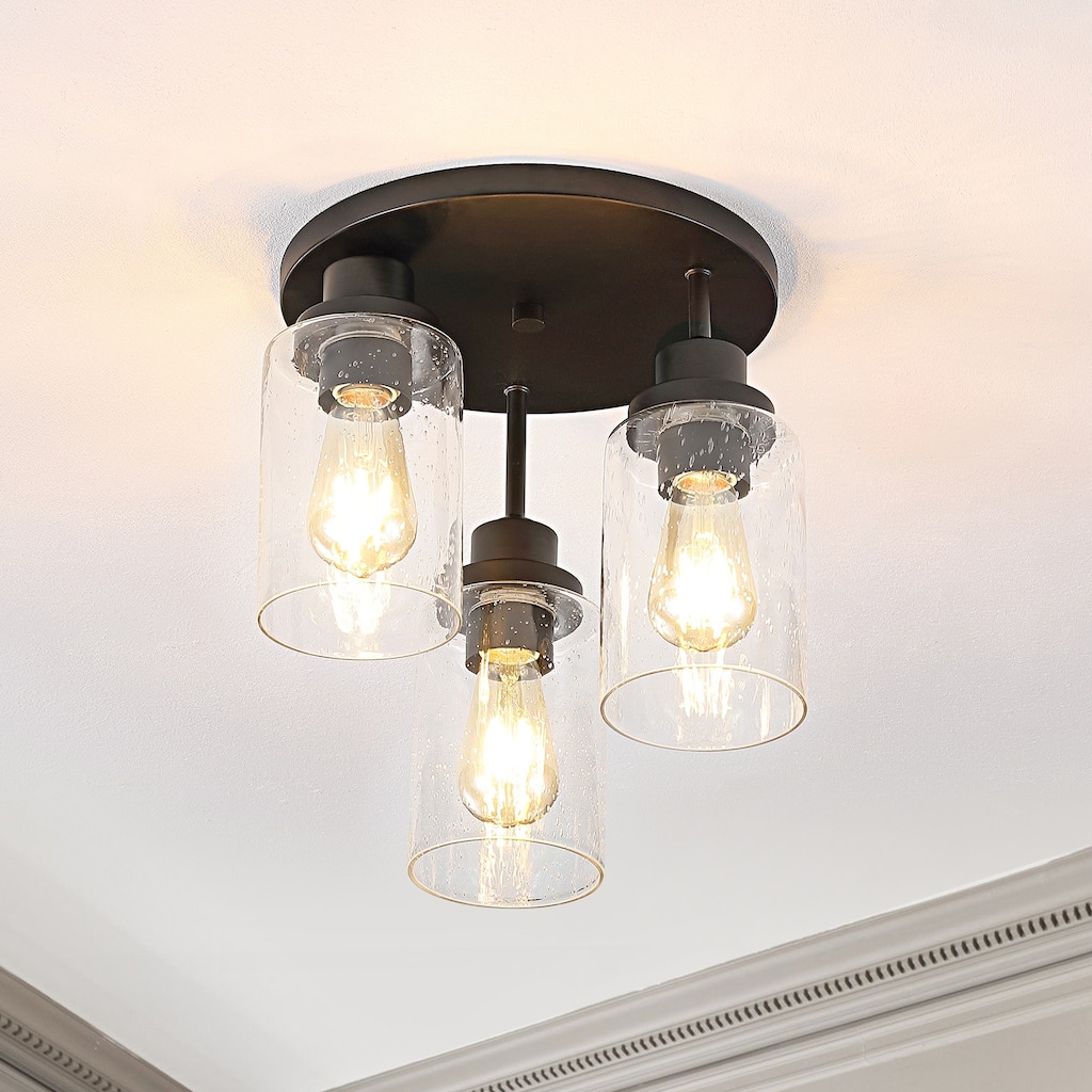 Wicklow 12" 3-Light Bohemian Farmhouse Iron/Seeded Glass LED Semi Flush Mount, Black/Clear by JONATHAN Y