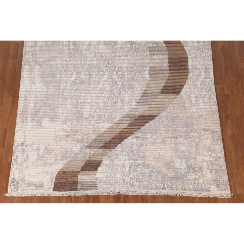 Beige Striped Modern Indian Area Rug Handmade Wool Carpet - 6'6"x 9'1"