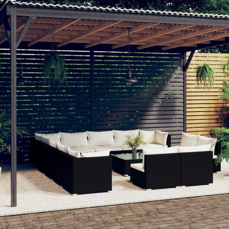 vidaXL Patio Lounge Set Outdoor Sectional Sofa Set Table Garden Poly Rattan - 27.6" x 27.6" x 23.8" - Black 14 Piece