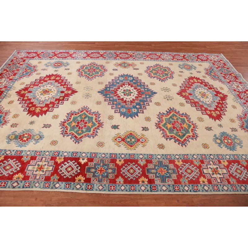 Hand Knotted Oriental 100% Wool Carpet Traditional Geometric Beige & Ivories Kazak Area Rug - 11' 0'' X 7' 9''