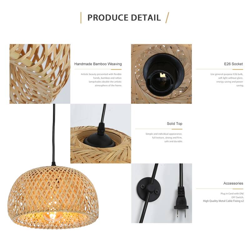 Modern Plug in Cord Bamboo Lantern Pendant Light with Switch -Woven Rattan Shade Chandelier Adjustable Hanging Wall Lamp