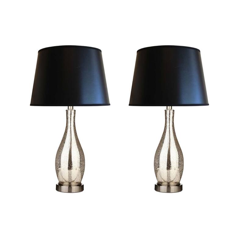 27" Shimmer Teardrop Lamp Base 2 Pack, Mercury Silver/Gold Glass Table Lamp Set with Black Shades - Black