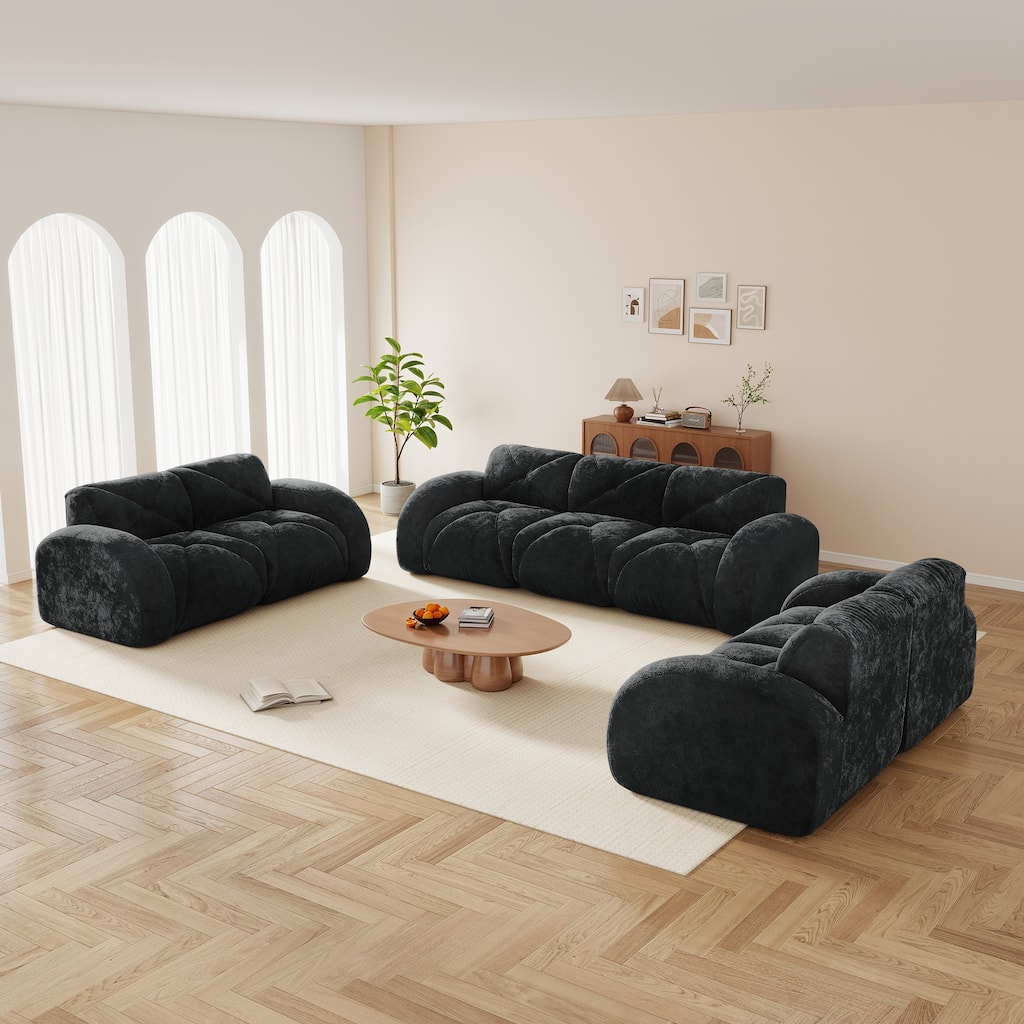 GDFStudio - Velvet 3-Piece Modular Sofa Set with 32D High Density Sponge Oversized Deep Seat
