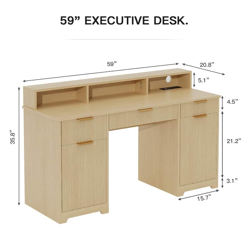 Pocassy Fluted Office Desk with Power Outlets Long Monitor Stand