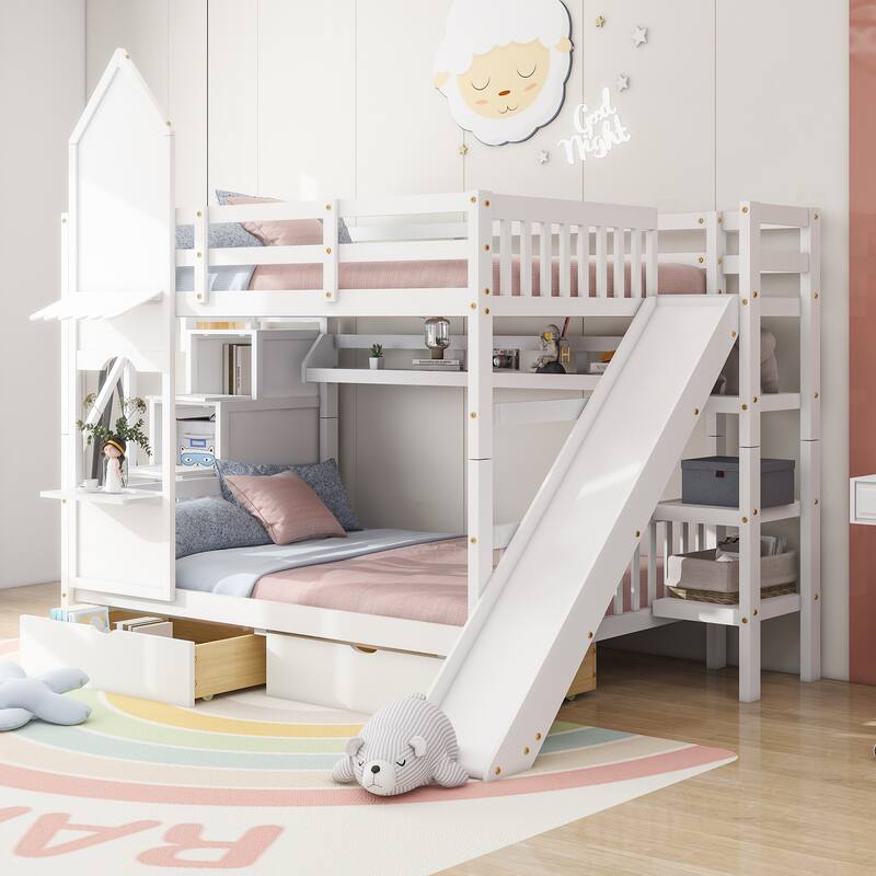 Bunk Bed with 2 Drawers 3 Shelves and Slide