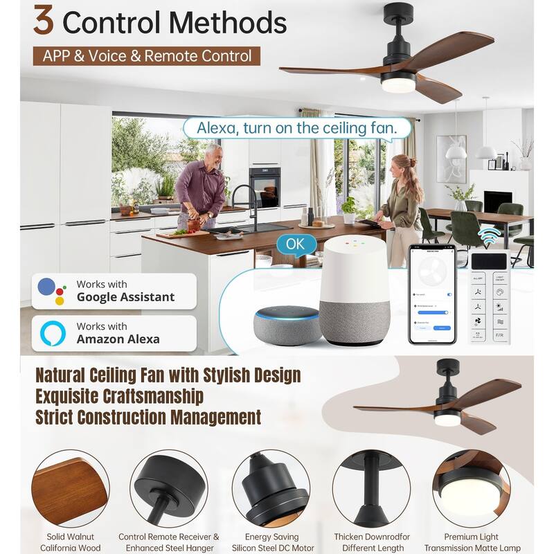 52 inch Smart Solid Wood Ceiling Fan with Intetraged Light and Remote,Google Assistant/Alexa APP Control