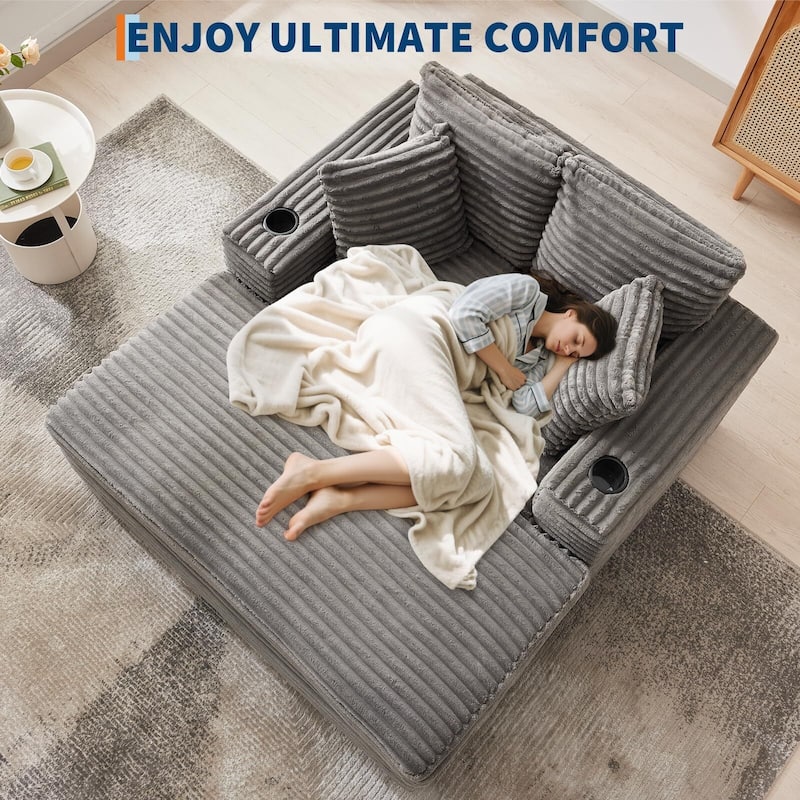 60 Inch Upholstered Sofa Bed with Throw Pillows and Armrests, Comfy Corduroy