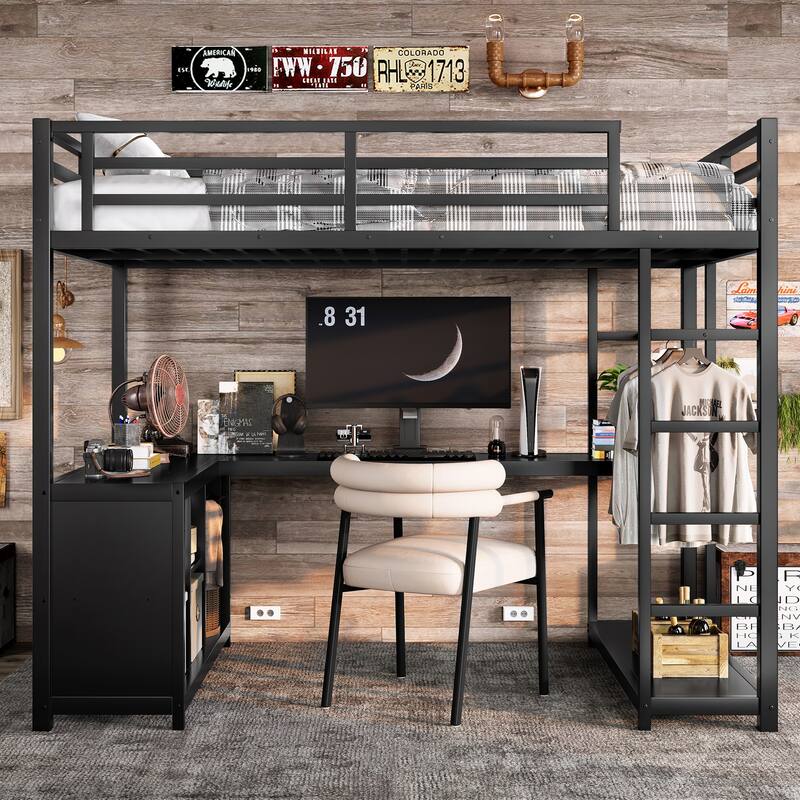 Roomfitters Metal Loft Bed with Wardrobe and L-Shaped Desk, Storage Shelves, Black - Twin