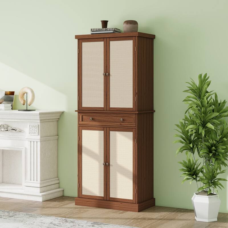 GDFStudio - TallRattan Modern Storage Cabinet with 4 Doors, 1 Drawer, and Adjustable Shelves