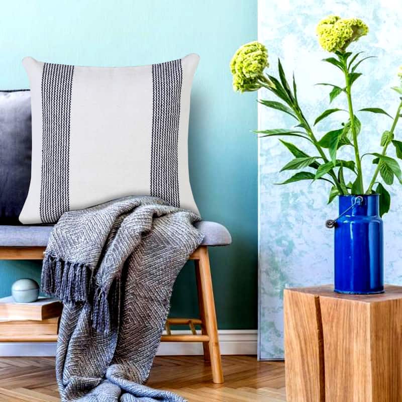 20" White and Blue Pinstripe Bordered Square Throw Pillow