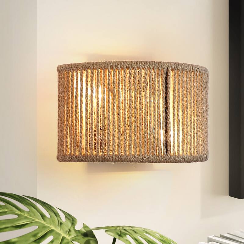 Boho Flush Mount Wall Sconce Rattan Wall Lamp Hemp Rope Sconces - 2-Light