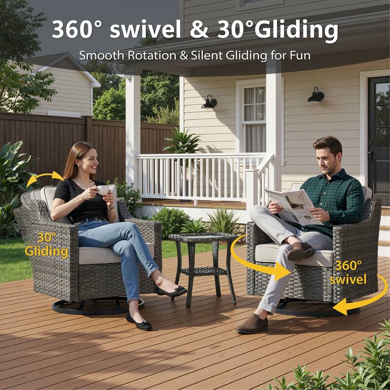 Meyreso Gray Wicker Outdoor Swivel Glider Chairs with 4-Inch Thick Cushions (2-Pack)