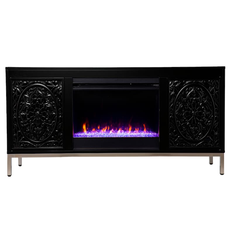 SEI Furniture Whitwell Black Wood Media TV Stand with Color Changing Fireplace Insert for TV's up to 56"