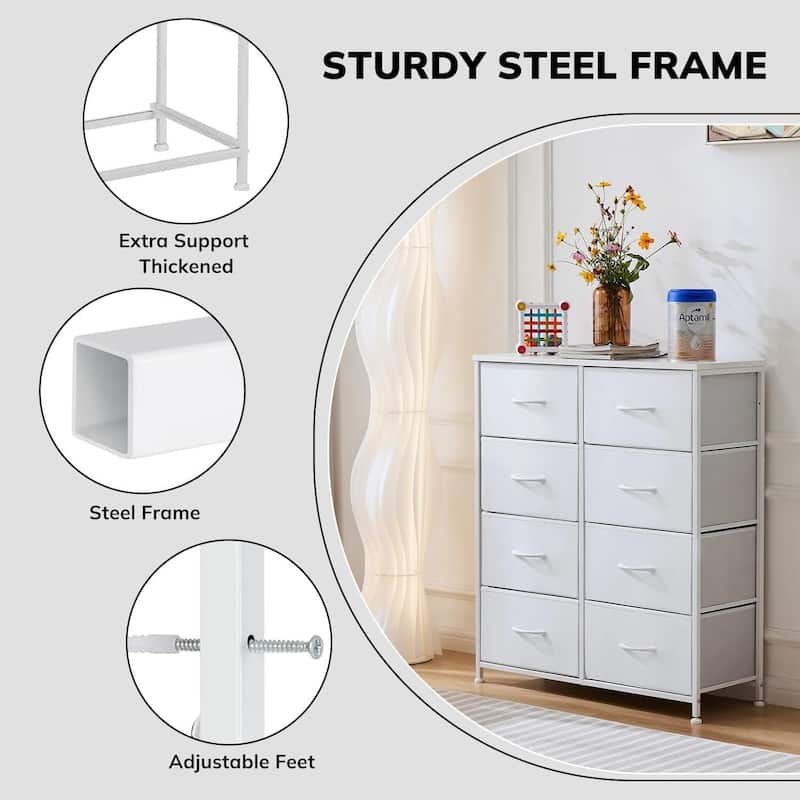 Dresser for Bedroom with 8 Drawers, Anti-Tip Tall Fabric Chests Storage Organizer Tower Furniture with Wooden Top Metal Frame