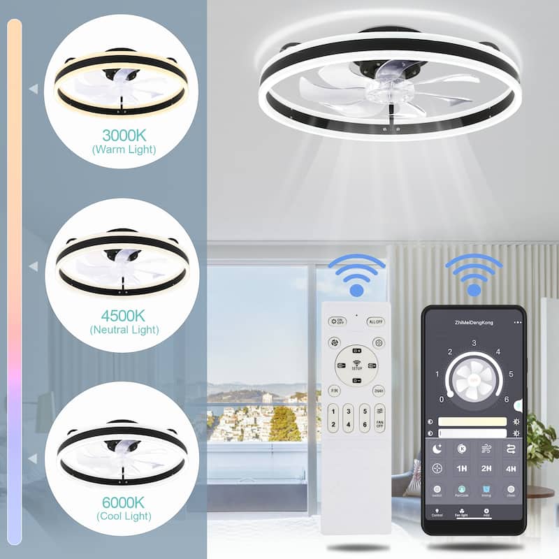 20"/24"/72" Oaks Aura Cotti Low Profile Dimmable Smart Ceiling Fan with Lights 6-Speed Flush Mount Modern Remote