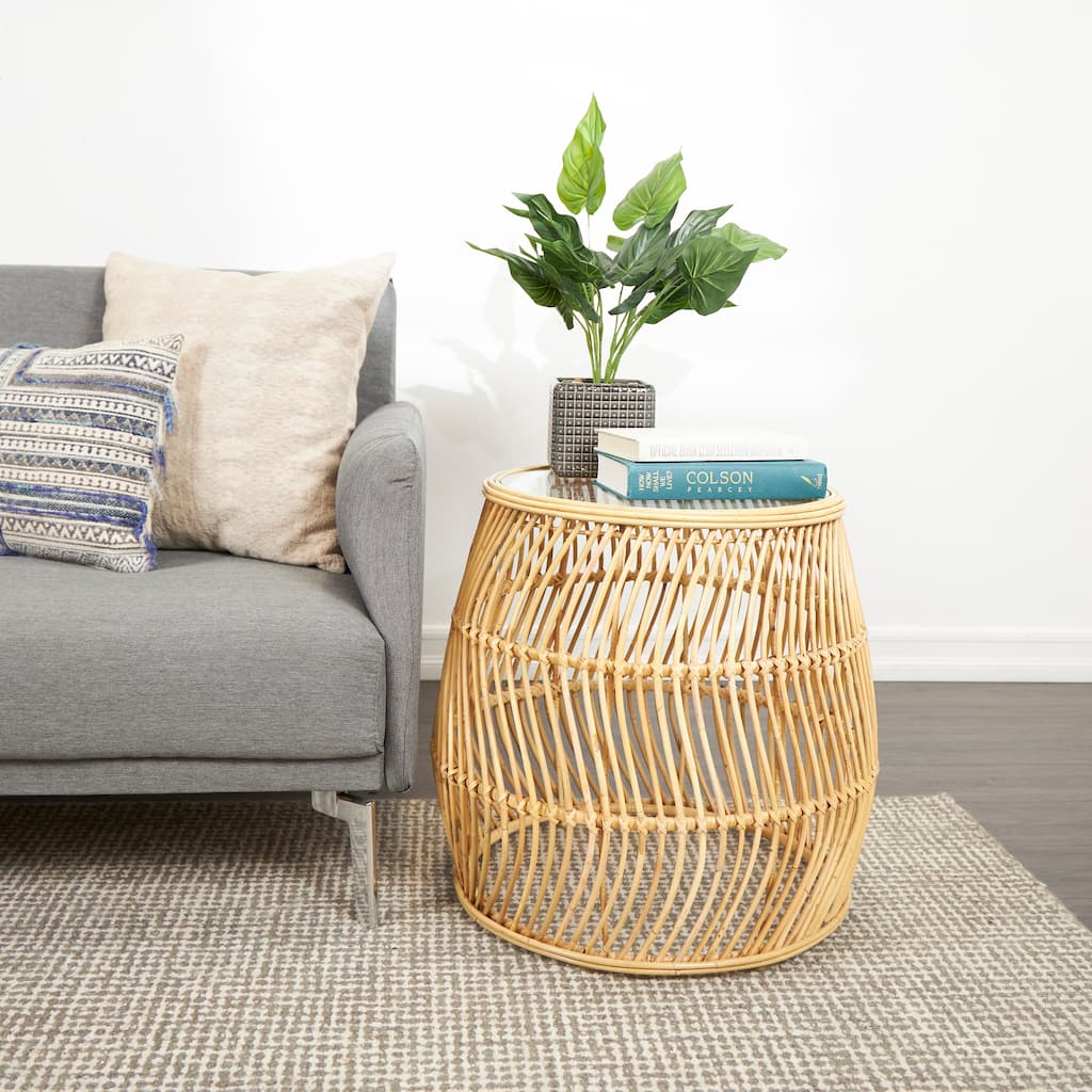 Brown Rattan Handmade Wavy Woven Accent Table with Glass Top