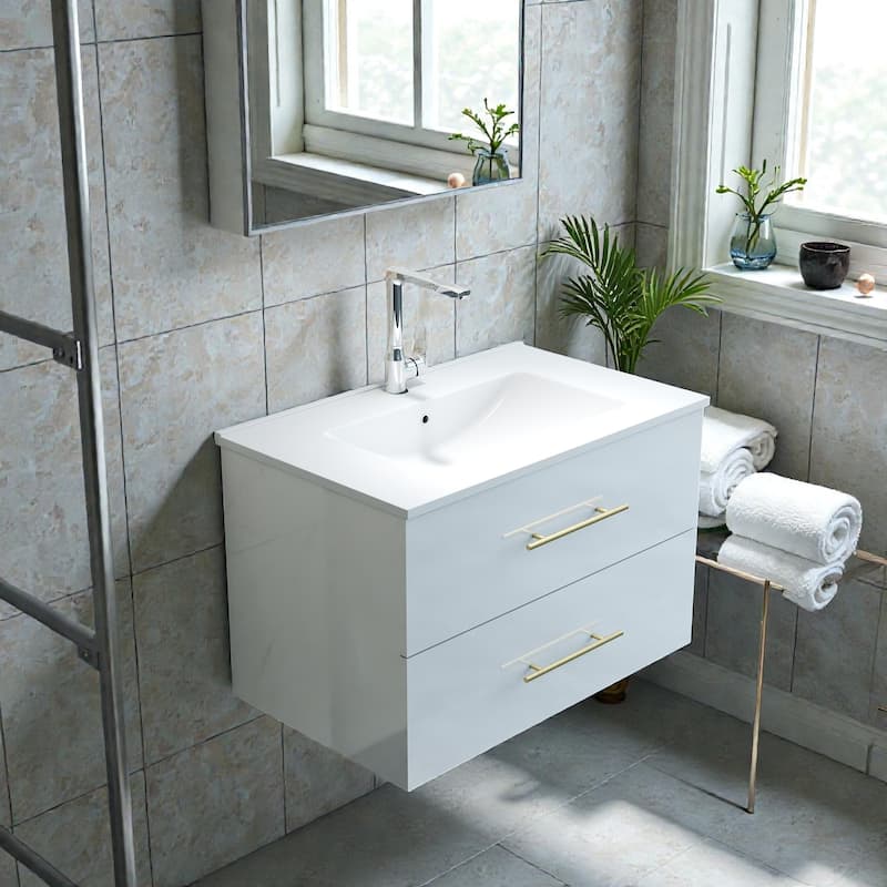 30" Gloss Wall-Mounted Bathroom Vanity with Integrated Ceramic Sink, Double Drawers & Long Metal Handle for Modern Bathrooms
