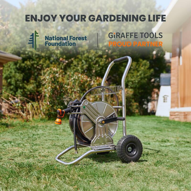 Garden Hose Reel Cart with Wheels, Stainless Steel Heavy Duty Water Hose Reel Cart, 200 ft of 1/2 Capacity, Mobile for Outside