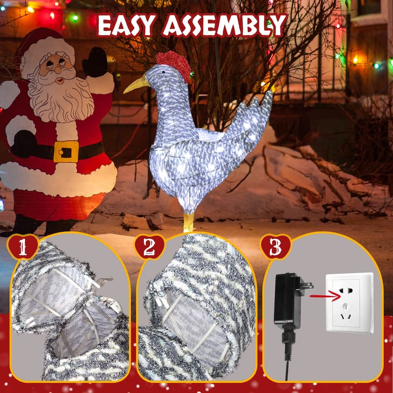 2FT Lighted Christmas Rooster Outdoor Decoration with 50 LED Lights, Weather-Proof Yard Ornament
