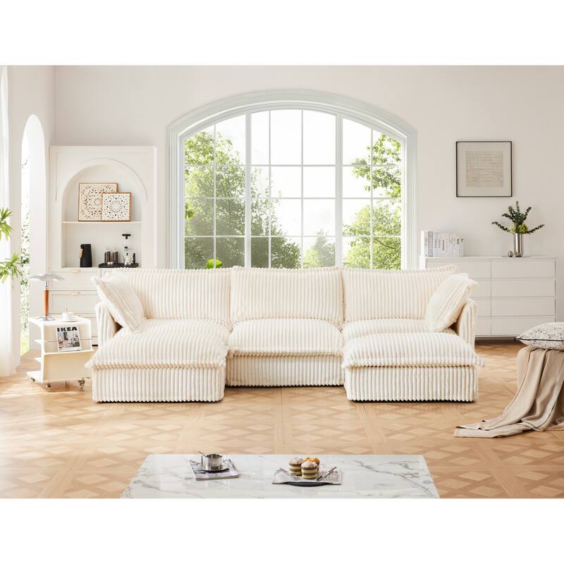 120" U-Shaped Corduroy Sectional Sofa with Slipcover & Cloud Cushions - Cream