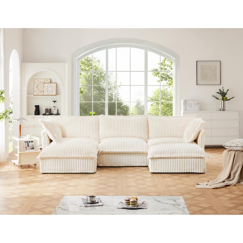 Slipcovered U-Shape 3-Seater Corduroy Sectional Deep Seat Sofa Couch