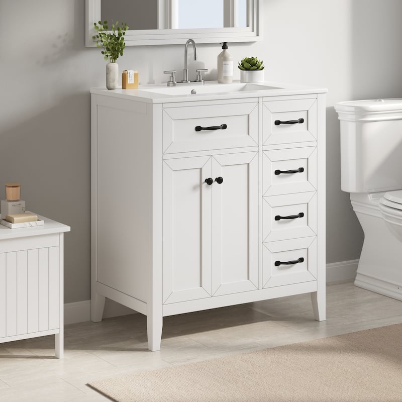 30" White Freestanding Bathroom Vanity with Ceramic Sink and Black Hardware