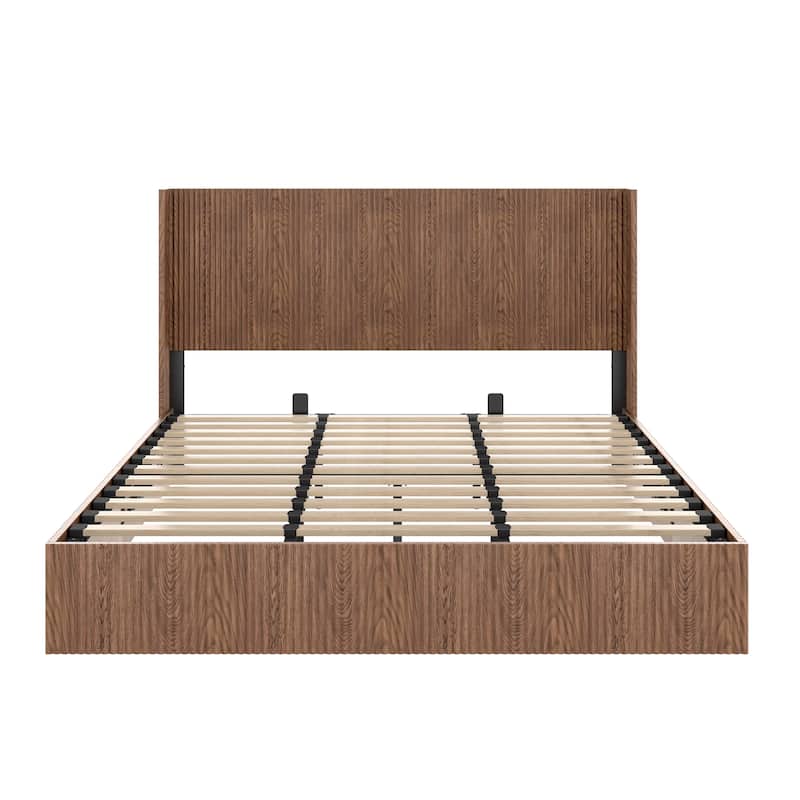 Large Grooved Undulating Lift Storage Bed Frame, Wooden Platform Bed Frame With Lift Storage, No Spring Box Required (King)