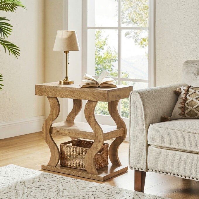 3-Tier Narrow Wooden End Table, Nightstand With Open Storage Shelf