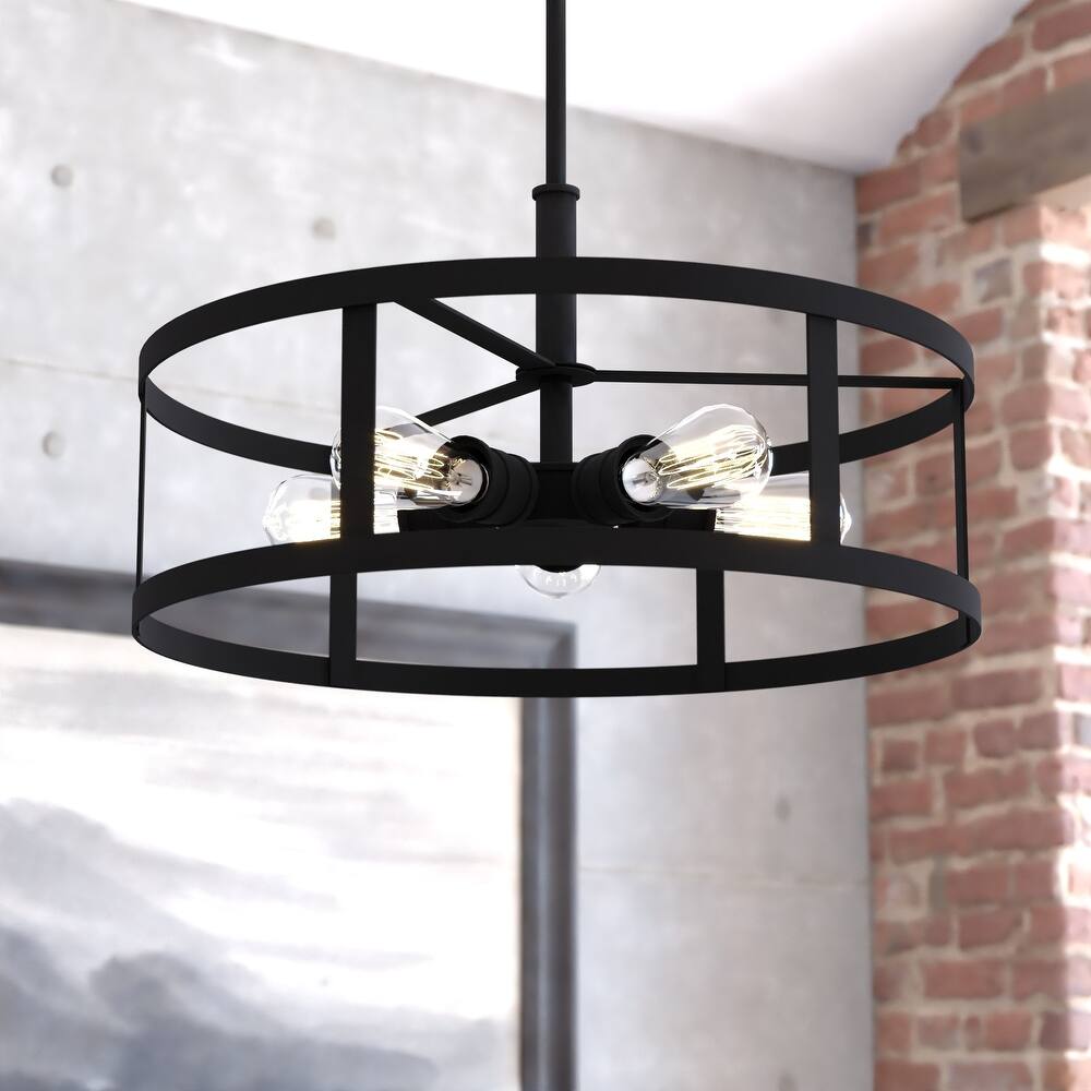 Akron 5L Oil Rubbed Bronze Drum Cage Farmhouse Pendant Light - 20-in W x 16.75-in H x 20-in D