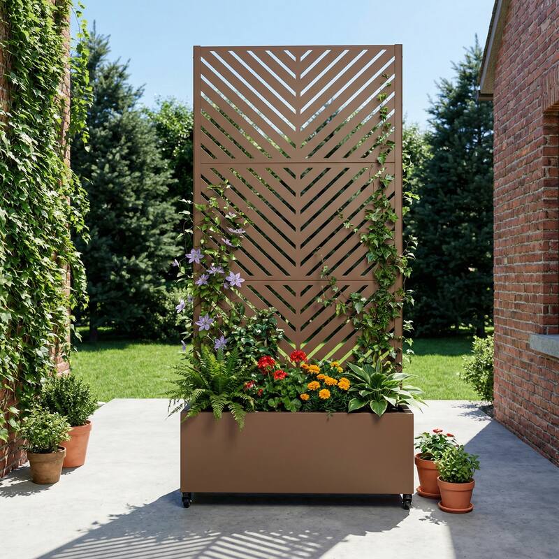 Raised Garden Bed Planter with Trellis Movable Planter Box with Lockable Wheels - 72*35 - Brown