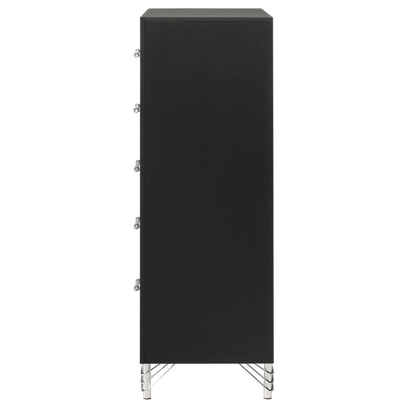 Jenny Tall Dresser Chest, 5 Drawers and Chrome Accents, Modern Black