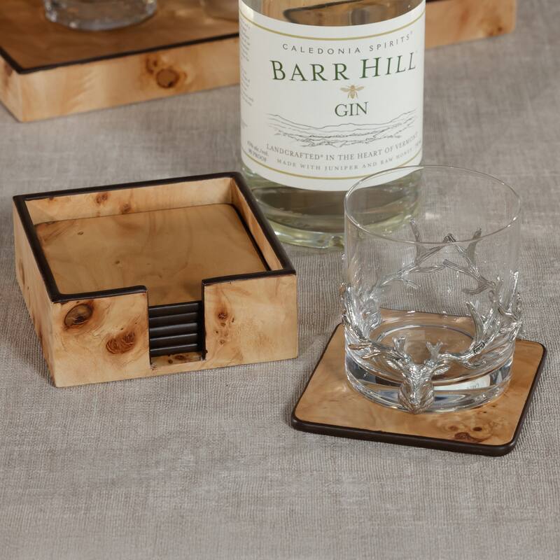 Valberg Burl Veneer Square Beverage Coasters with Holder, Set of 6 - Natural