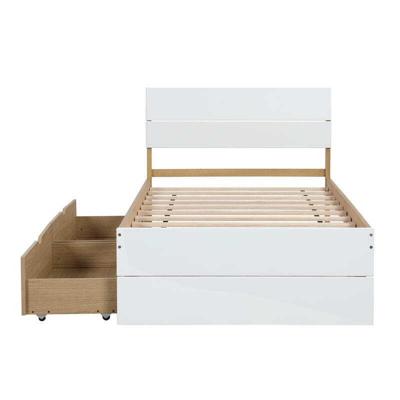 Modern Twin Bed Frame with 2 Drawers, High Gloss Headboard, Light Oak Finish