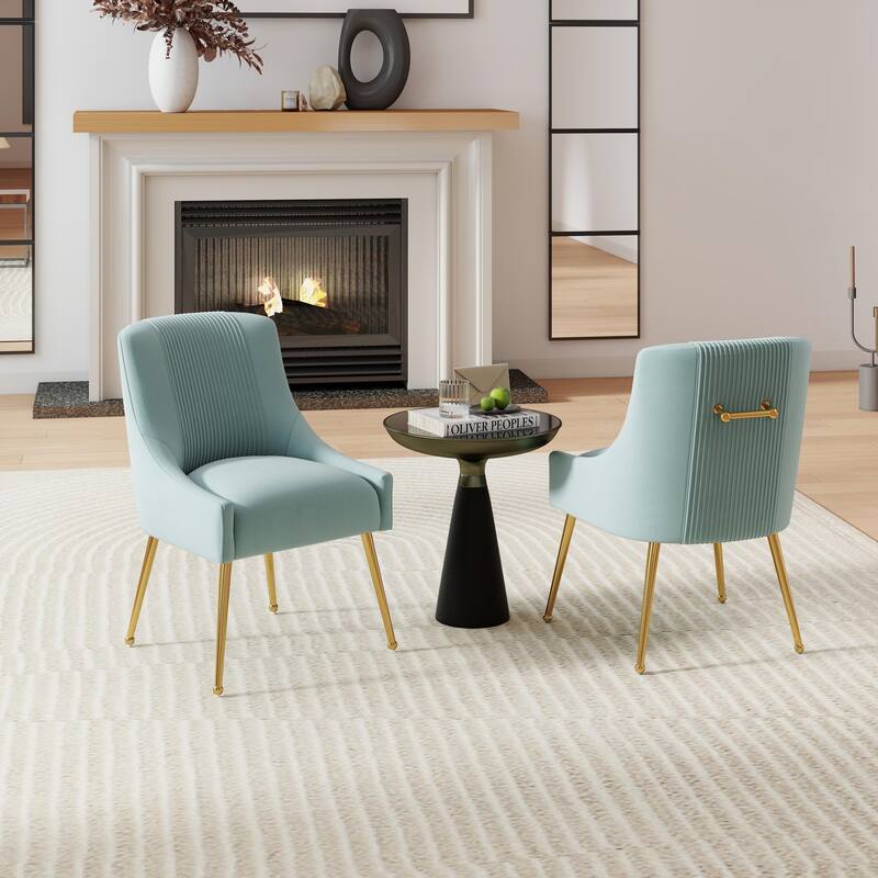 SEYNAR Modern Glam Boucle Pleated Velvet Dining Chair or Vanity Chair Set of 2 with Rear Handle - Green
