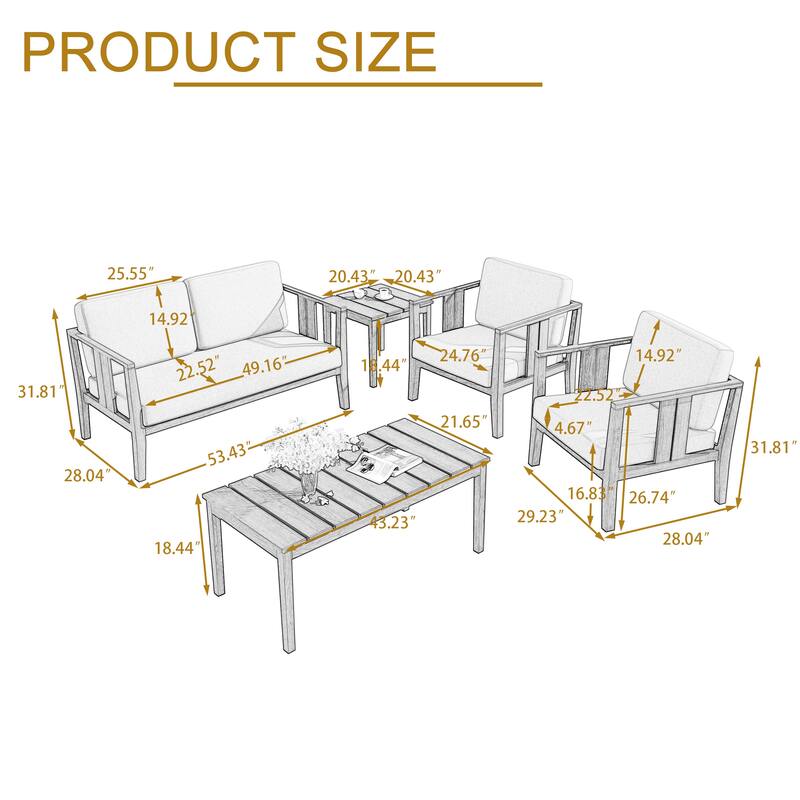 5-Piece Casual Outdoor Patio Furniture Set In Solid Teak Wood