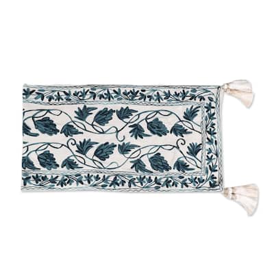 Novica Handmade Kashmir Leaves In Aqua Chain-Stitched Cotton Table Runner