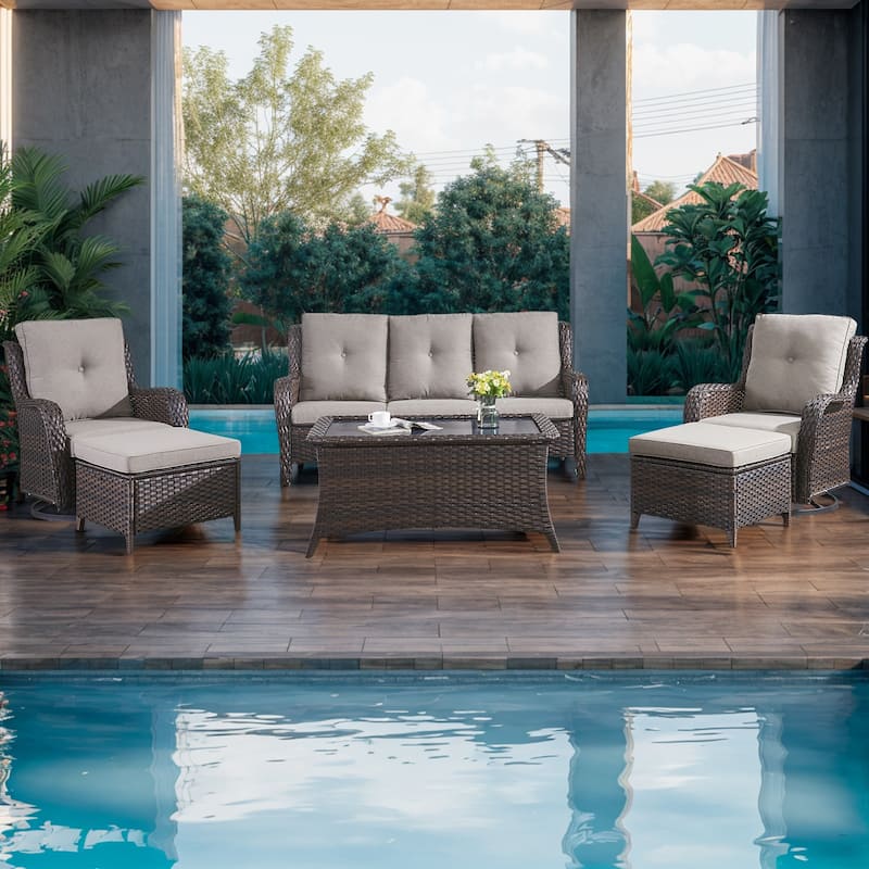 6 Piece Set with Sofa Swivel Chair Ottoman - Brown - Grey