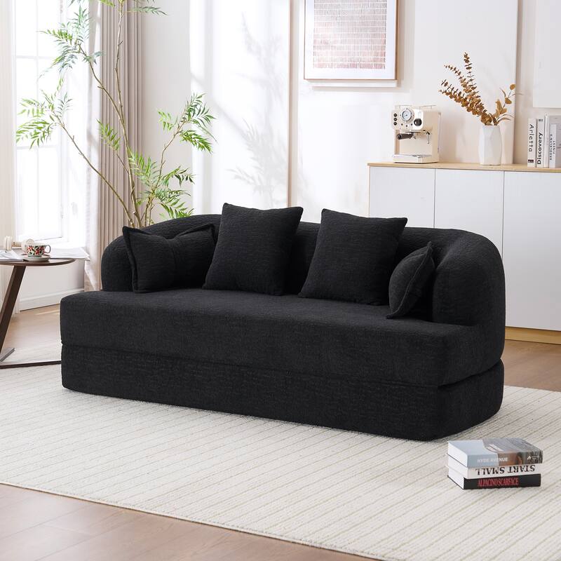 Modern 2-in-1 2-Seater Sofa Folding Sofa Bed with 4 Pillows, Chenille Fabric, High-Density Foam, for Apartment Living Rooms