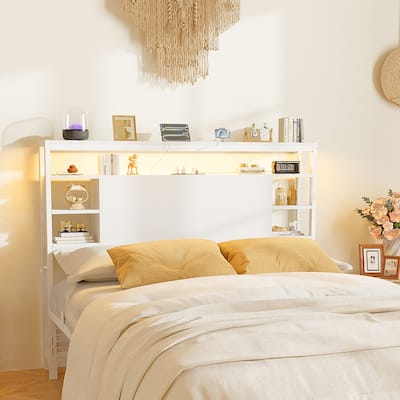 Headboards with Storage Shelves, Head Board with Power Outlet and LED Light for Bed Frame