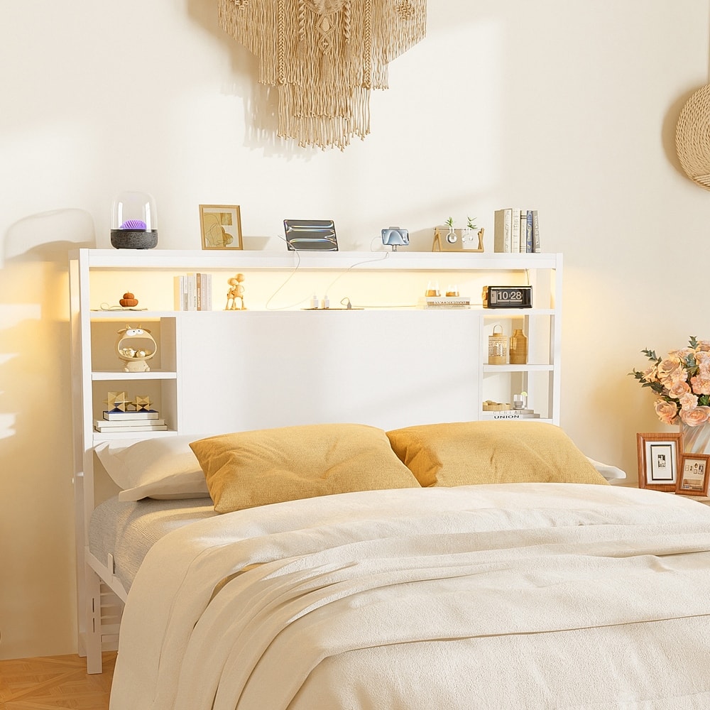 Headboards with Storage Shelves, Head Board with Power Outlet and LED Light for Bed Frame