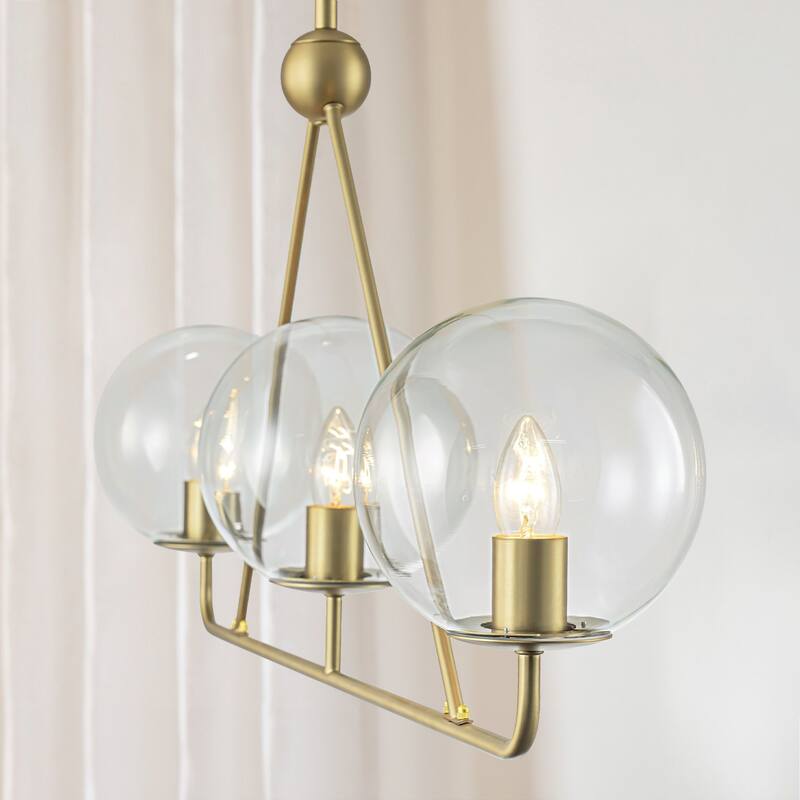 3-Light Modern Vintage Brushed Gold Linear Clear Glass Globe Bubble Pendant Light for Dining Room