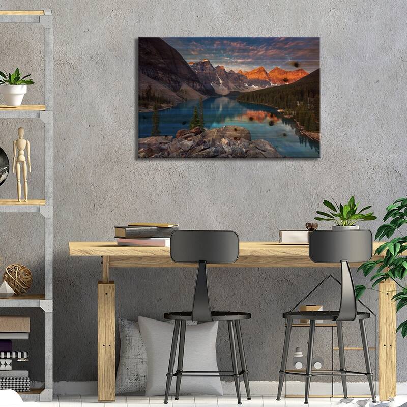Moraine Lake Print On Wood by Sergio Lanza - Multi-Color