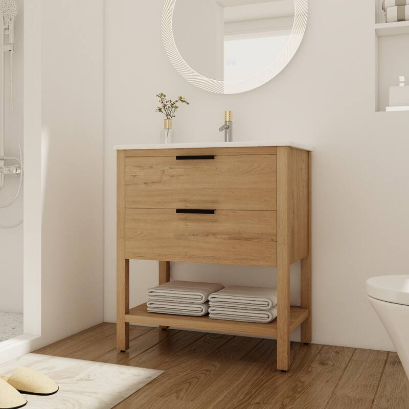 Beingnext 30" Bathroom Vanity with Sink, Single Sink Freestanding Bathroom Vanity with 2 Soft Close Drawers and Open Shelf - 30''W x 18.3''D x 33.5''H - Beige