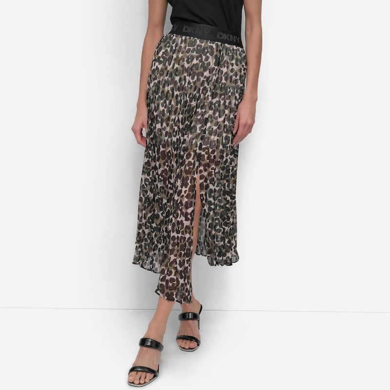 Dkny Pleated Asymmetrical Leopard Midi Skirt - Spring Animal Utility Green - S